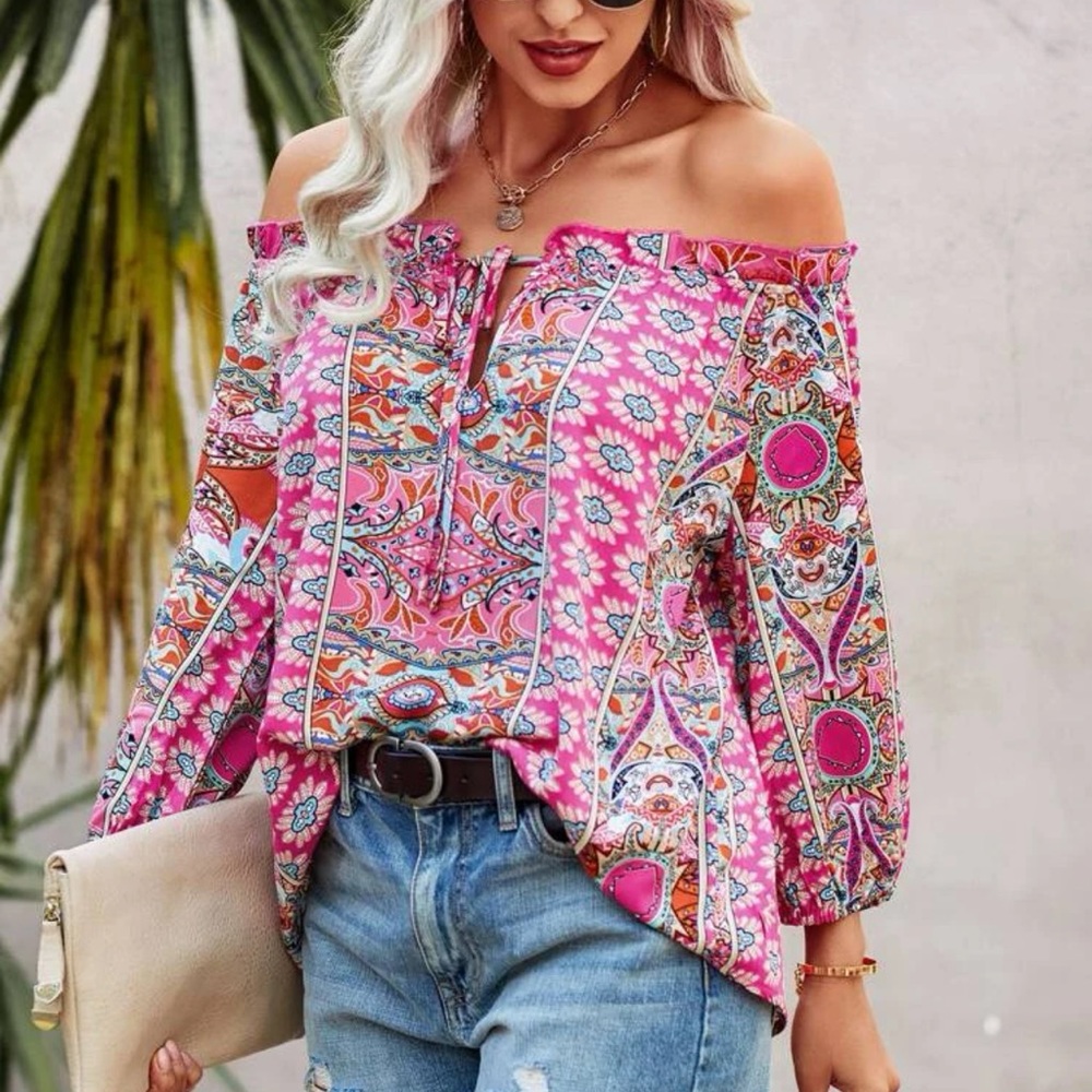 Paisley floral print off the shoulder long sleeve ruffle boho blouse maroon red - Picture 7 of 10